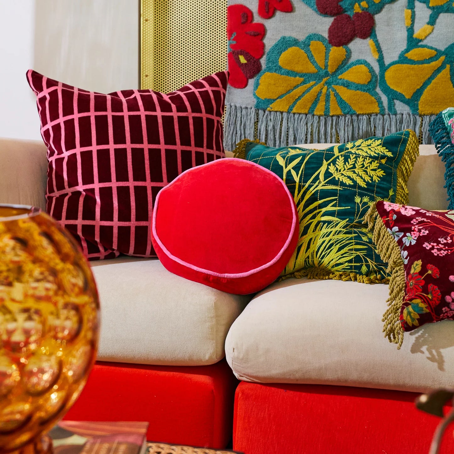 Sage x Clare - Castilo Round Velvet Cushion - Scarlet